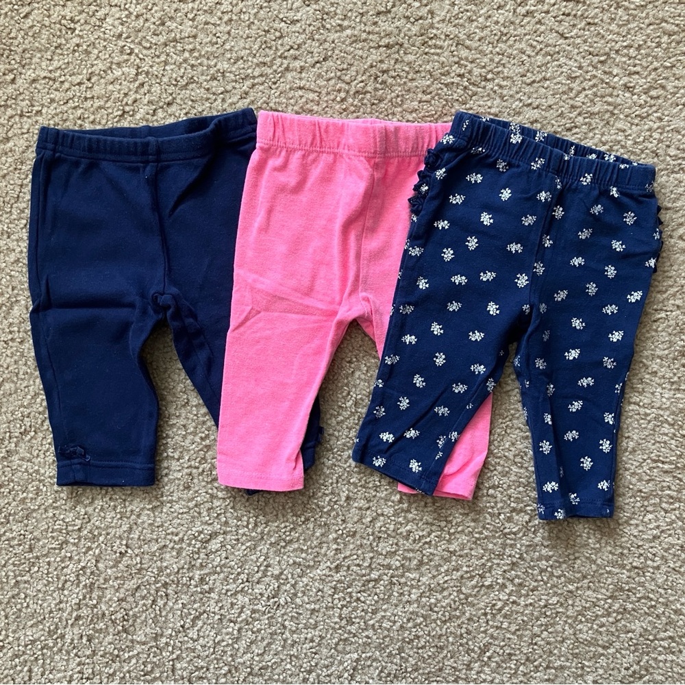 Set of Three Baby Leggings - Navy, Pink, Floral - Various Brands